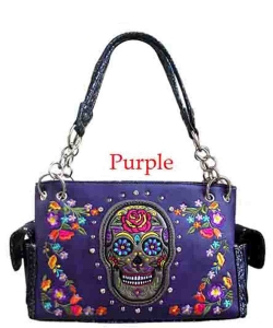 Western Sugar Skull Floral Embroidered Concealed Carry Handbag  GSK939W117 PURPLE